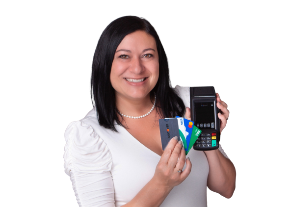 Kelly C smiling with Payment Machine - Kelly C POS Systems -  - Merchant Services and Exploring Advanced Payment Options